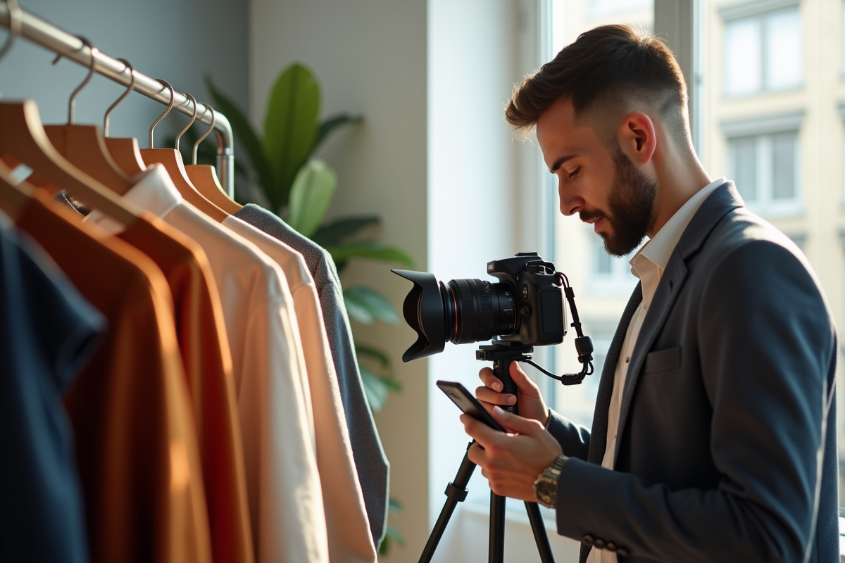 Homme prenant en photo des tenues de mode en studio lumineux