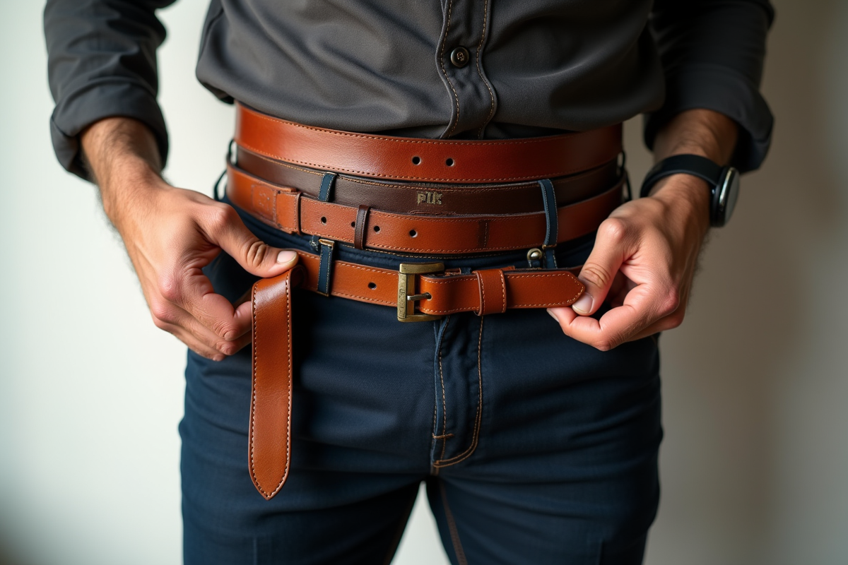 Homme plus size avec ceintures en cuir devant un fond lumineux