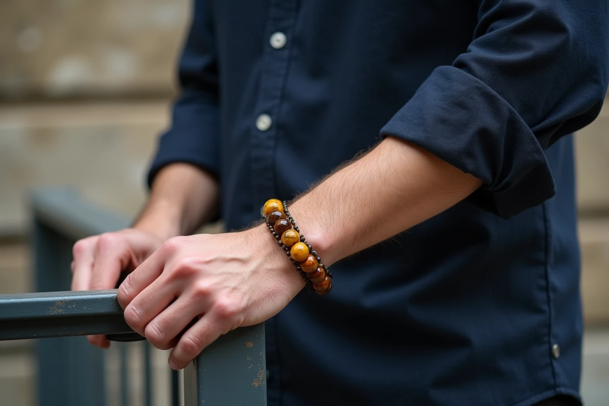 Homme portant un bracelet en oeil du tigre au poignet dans un cadre urbain extérieur