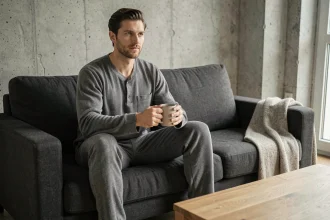 Homme en pyjama grenouillère gris ardoise assis sur un canapé moderne avec une tasse de café, ambiance intérieur cosy et chic