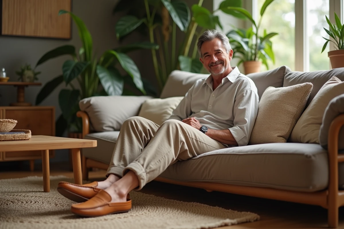 Homme détendu portant babouche en cuir dans un salon cosy
