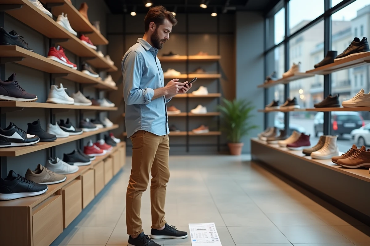 Jeune homme utilisant un convertisseur de pointure dans un magasin de chaussures