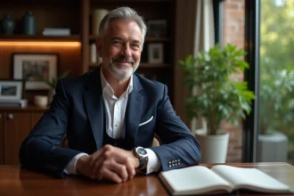 Homme d age en costume ajusté ajustant sa montre dans un bureau élégant