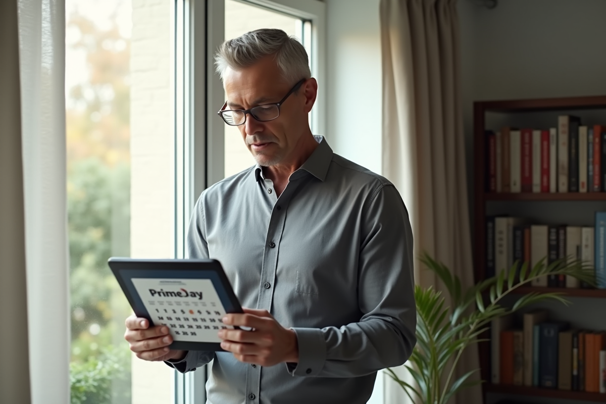 Homme regardant un calendrier Prime Day sur sa tablette dans le salon
