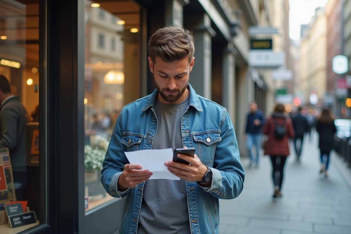 Homme dans la rue regardant son smartphone
