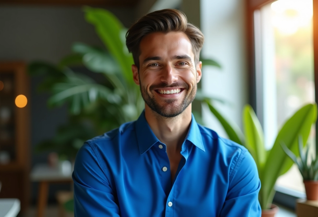 Homme en chemise bleue près d