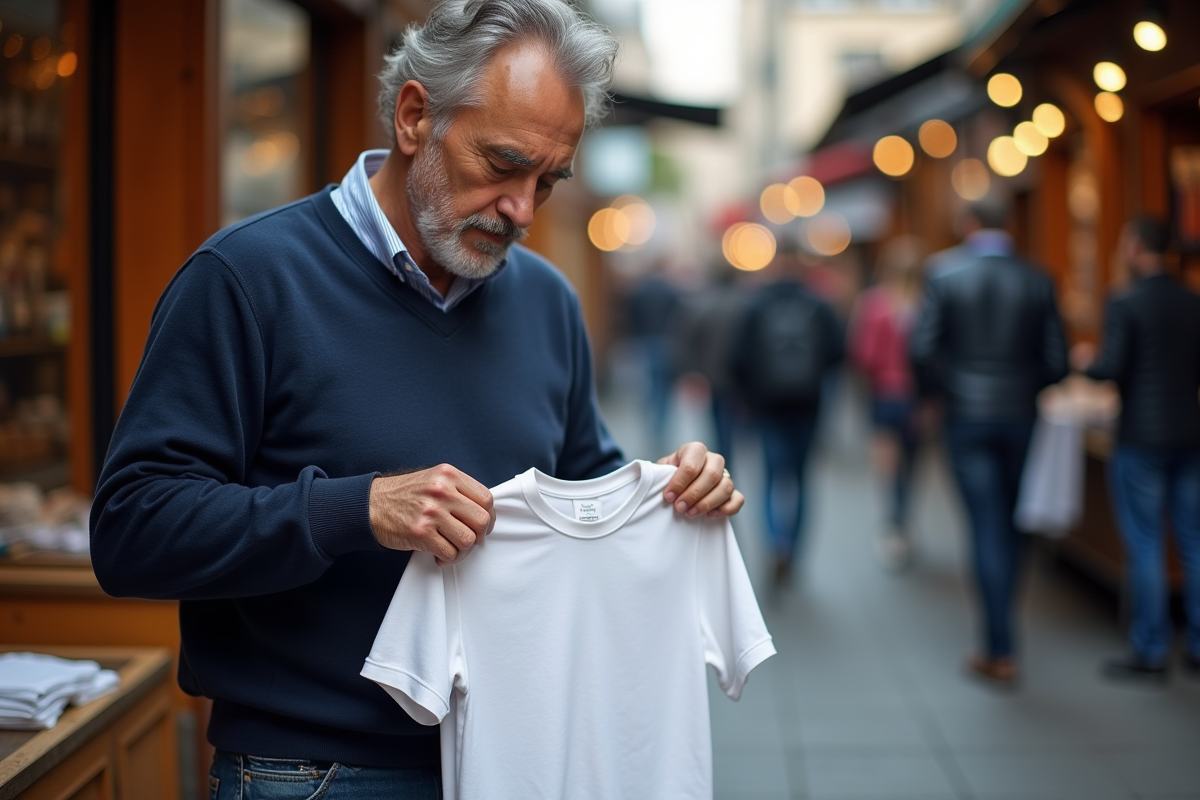 Homme compare deux t shirts dans un marché en plein air