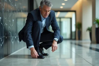 Homme d'âge moyen examinant ses chaussures antidérapantes dans un hall