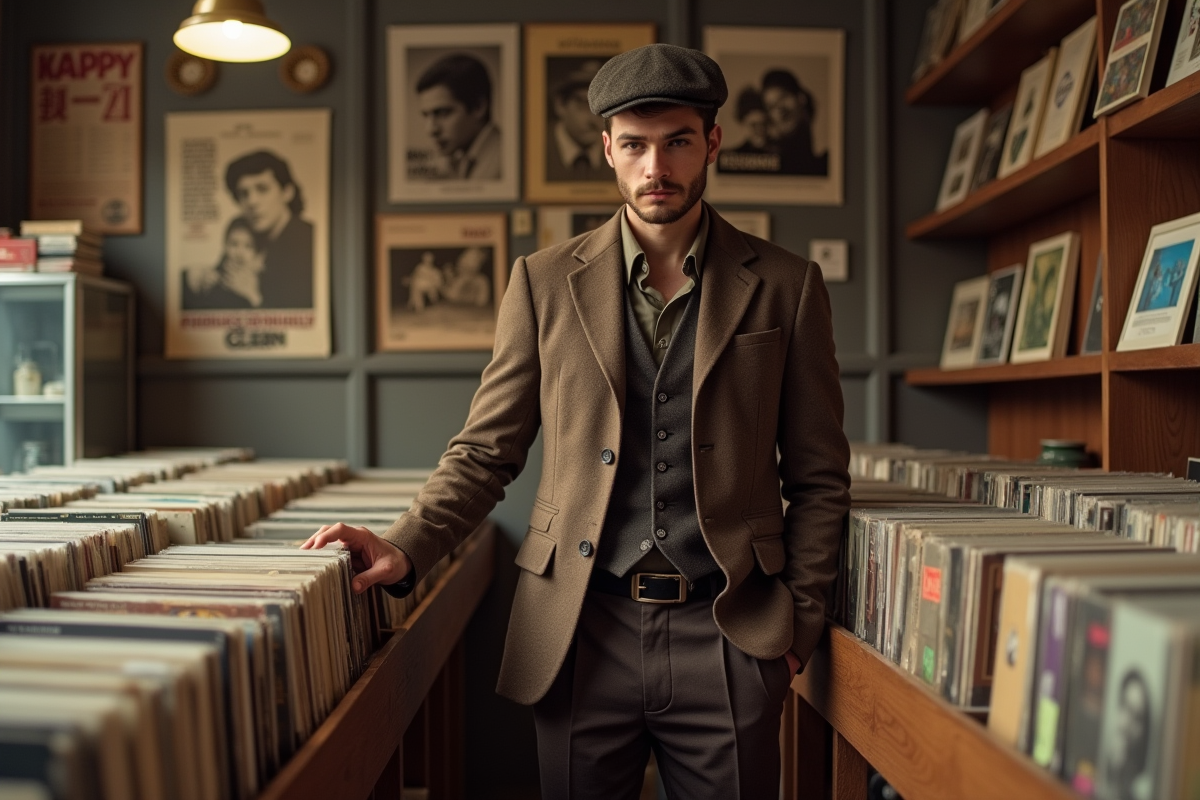 Jeune homme dans boutique de disques vintage