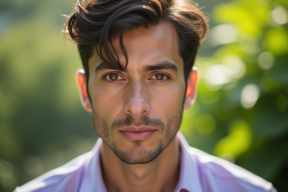 Homme aux yeux bruns dans la nature en plein air