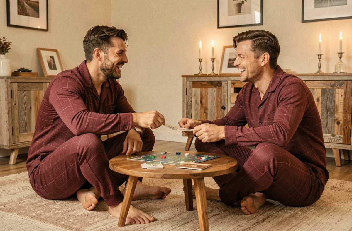 Deux hommes en pyjamas grenouillères bordeaux à carreaux jouant à un jeu de société, soirée entre amis décontractée et stylée