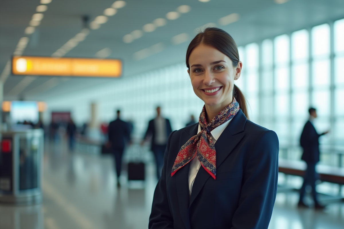 Hôtesse d'aéroport en uniforme bleu et foulard coloré