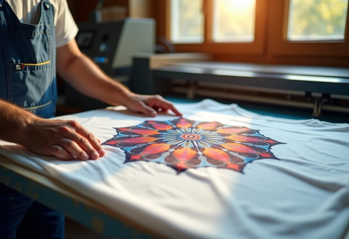 Artisan utilisant une presse à chaud pour imprimer un motif coloré sur un t-shirt blanc