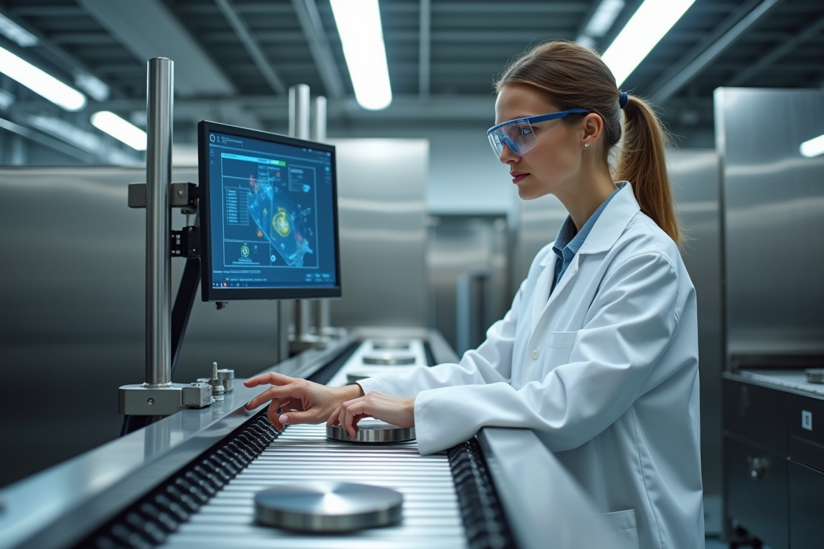 Jeune ingénieure contrôlant une machine de plaquage métallique