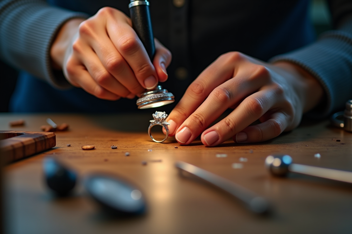 Mains de bijoutier utilisant une loupe pour inspecter un diamant