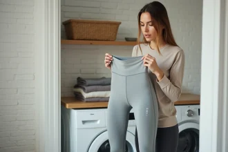 Femme inspectant un legging Halara après plusieurs lavages près d'un lave-linge dans une buanderie moderne