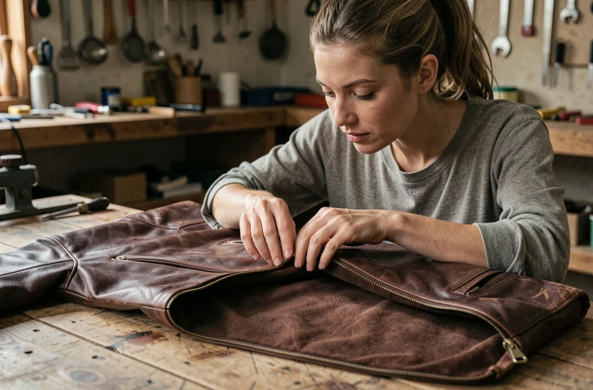 Femme inspectant les coutures et la doublure d'une veste en cuir vintage cognac posée sur un établi en bois