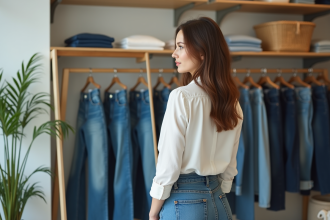 Femme essayant un jean taille 36 dans une boutique moderne