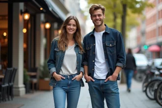 Jeune couple en jeans décontractés dans la rue urbaine