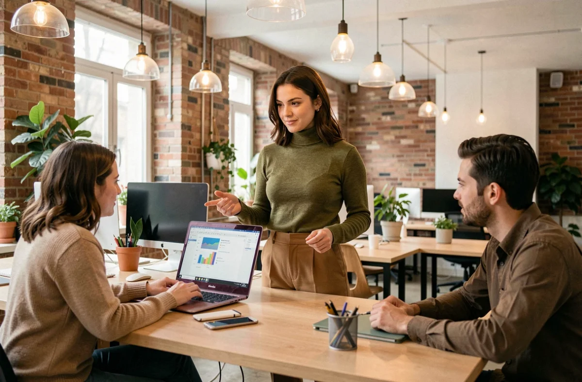 Jeune entrepreneuse française présentant ses idées à des collègues dans un espace de coworking créatif et moderne