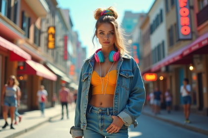 Jeune femme tendance en style 90s avec rollerblades dans la rue