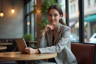 Jeune femme en blazer tendance dans un café moderne