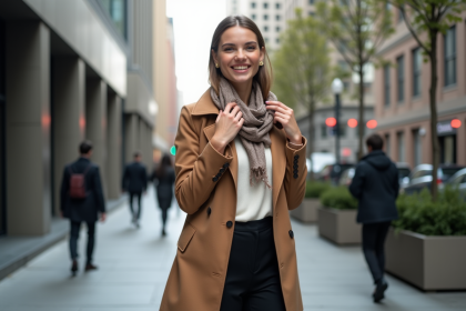Jeune femme &eacute;l&eacute;gante ajustant son foulard en ville
