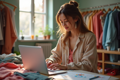 Jeune femme créant des vêtements à la maison avec tissus colorés
