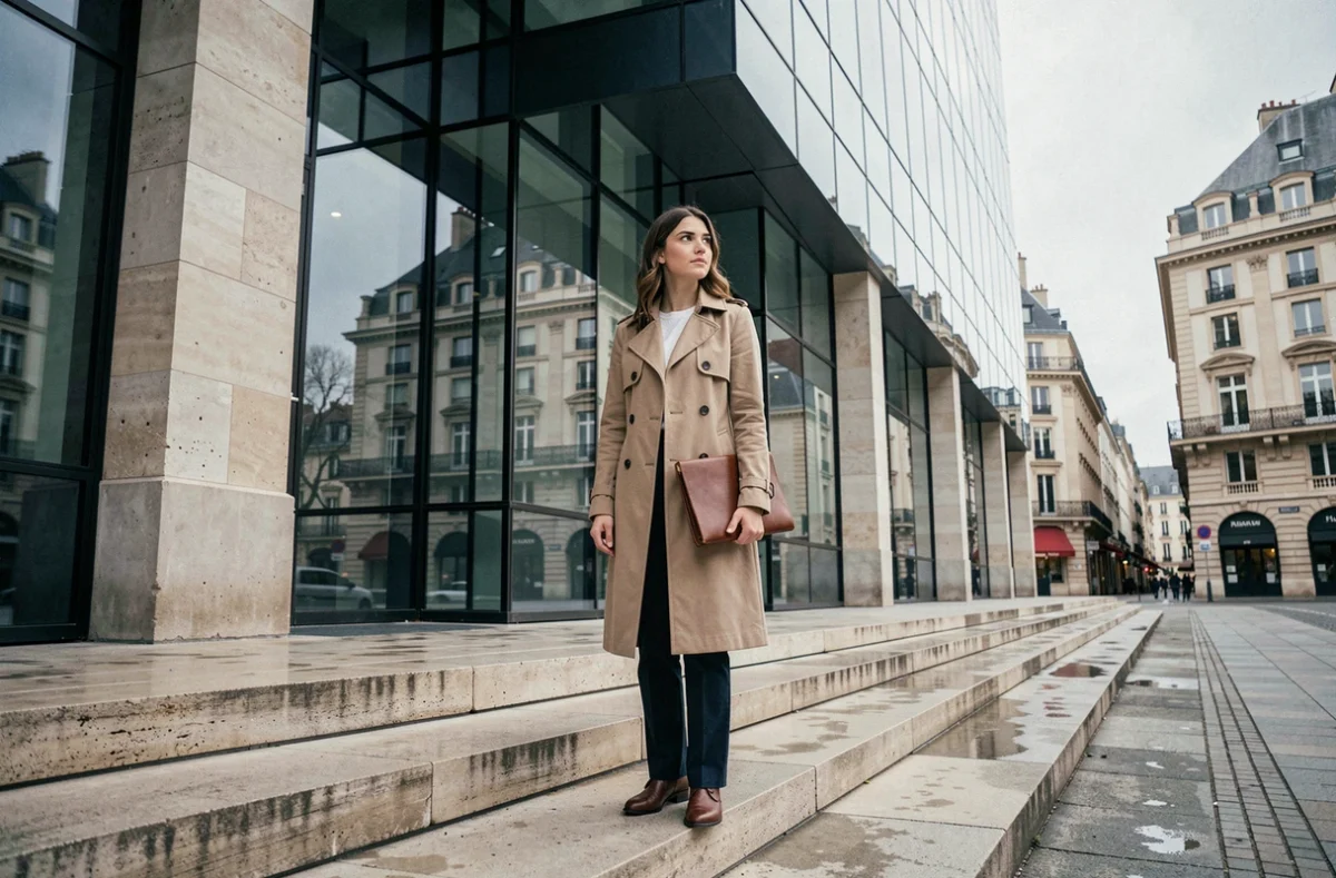 Jeune femme française ambitieuse debout devant un immeuble moderne à Lyon, tenant un portfolio, regard déterminé vers l'avenir