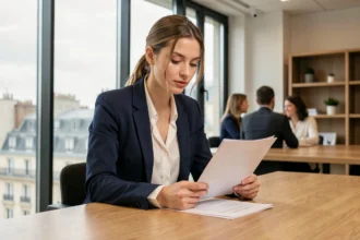 Jeune femme française professionnelle assise à son bureau dans un open space moderne à Paris, consultant des documents avec assurance