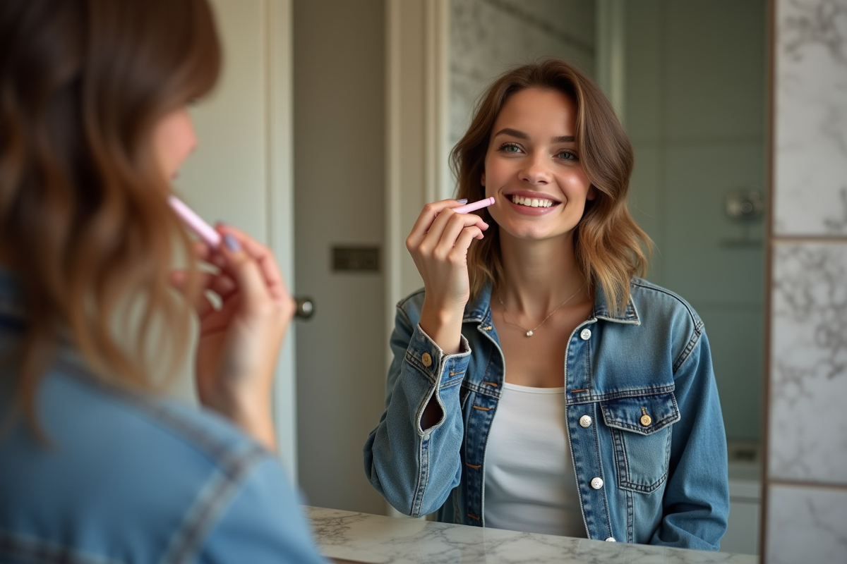 Jeune femme appliquant du gloss sur ses lèvres devant un miroir