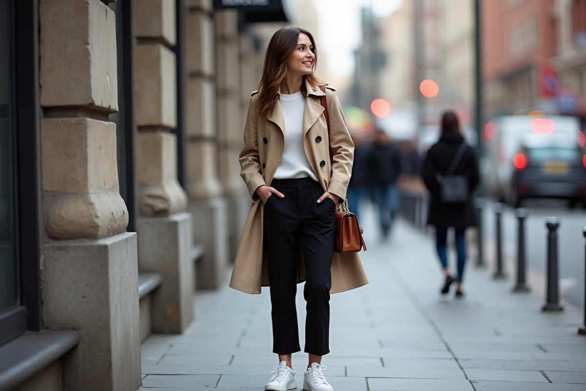 Jeune femme élégante en trench dans une ville animée