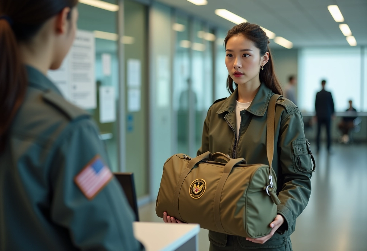 Jeune femme soldat remettant un sac militaire dans un bureau officiel