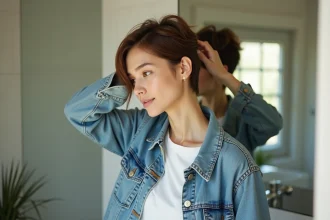 Jeune femme coiffant sa casquette dans un miroir lumineux