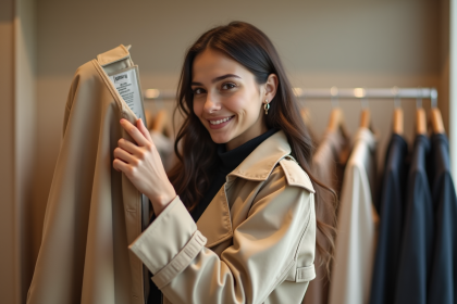 Jeune femme examine un trench beige en magasin