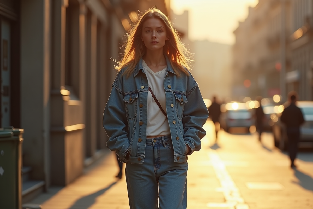 Jeune femme marchant dans la ville en denim oversize
