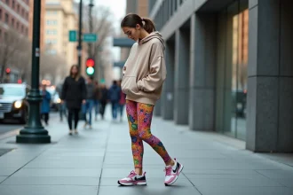Jeune femme urbaine en leggings colorés et baskets tendance