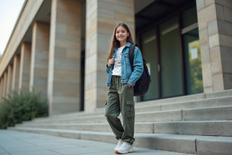 Jeune fille en denim et sneakers devant bibliothèque urbaine