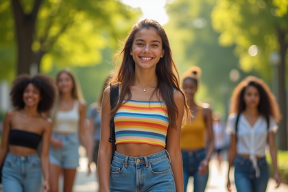 Jeune fille confiante souriante dans un parc urbain ensoleille