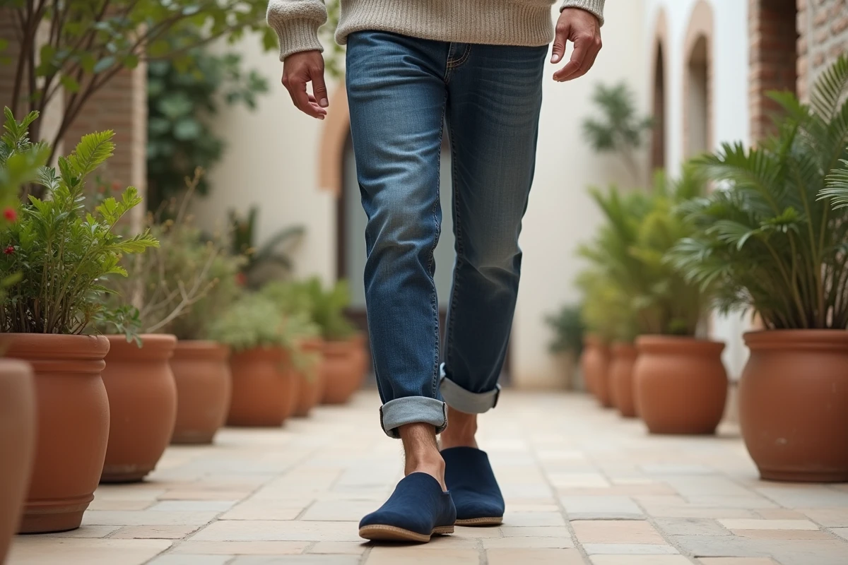 Jeune homme avec babouche en extérieur sur un chemin en pierre