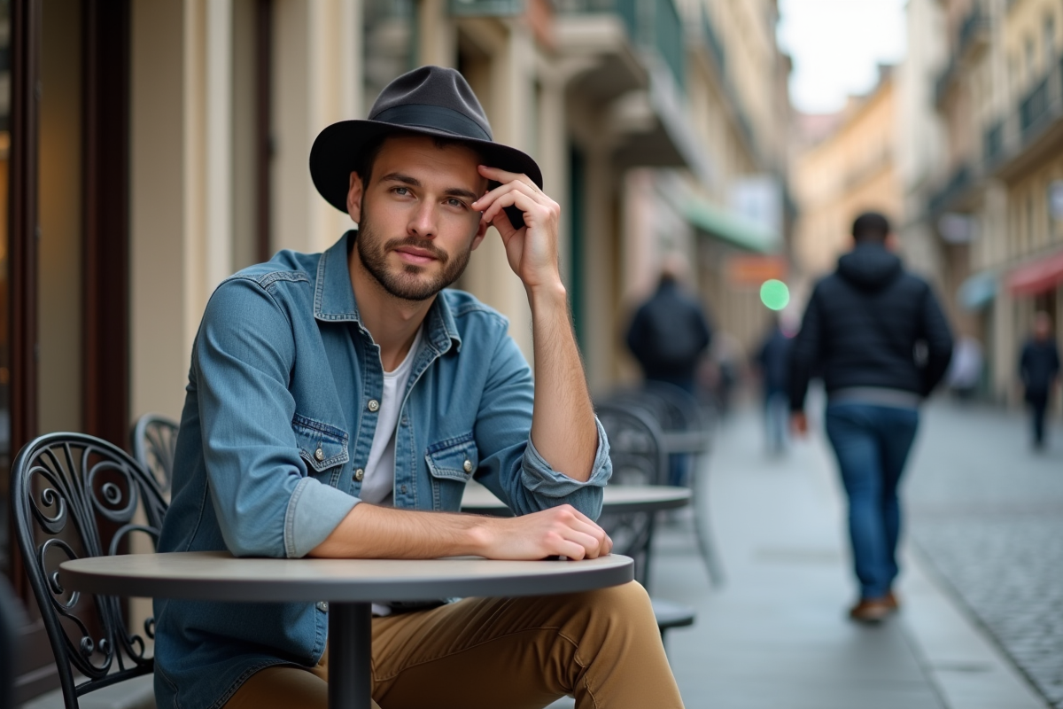 Jeune homme assis dans un café urbain avec un fedora