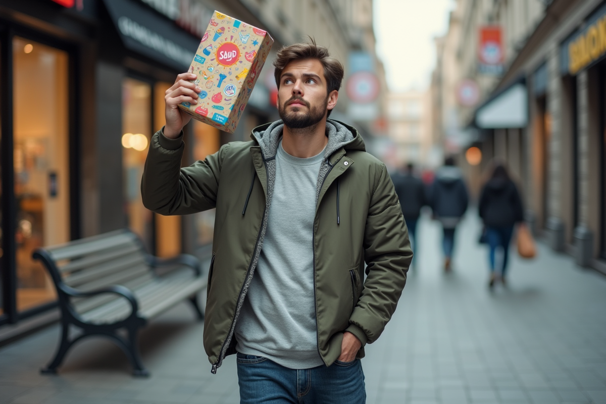 Jeune homme tenant un colis dans un quartier urbain
