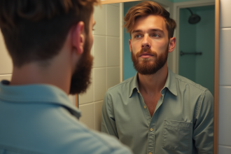 Jeune homme regardant son reflet dans le miroir avec une barbe naissante