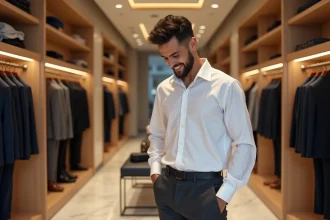 Jeune homme élégant en tenue de luxe dans une boutique