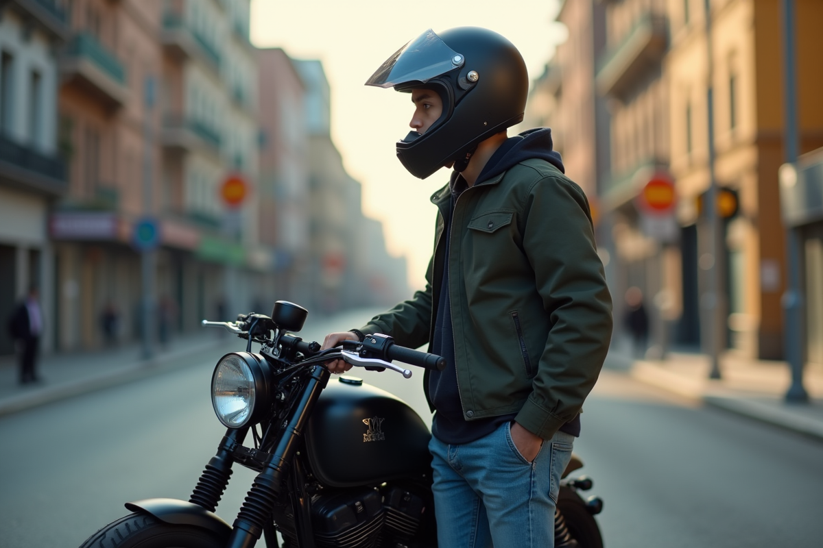Jeune homme avec casque moto en ville