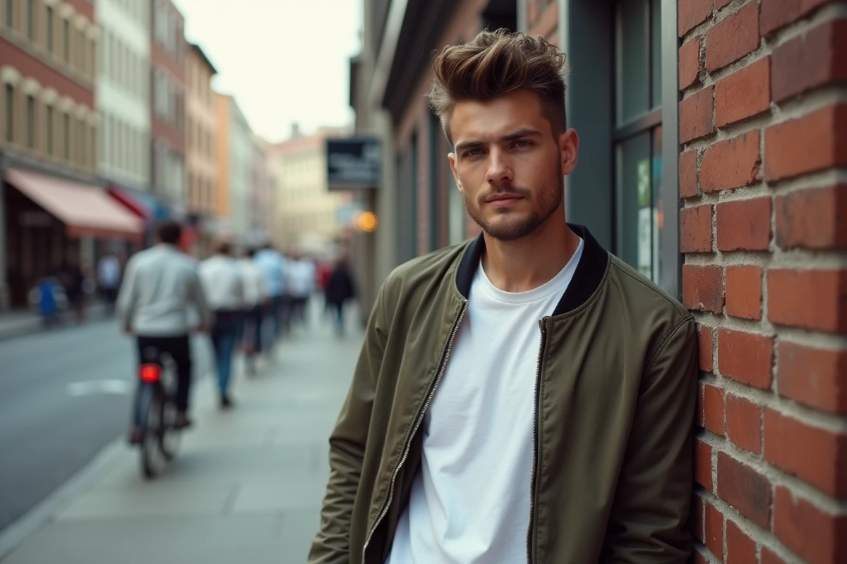 Jeune homme avec un mullet urbain devant un mur de briques