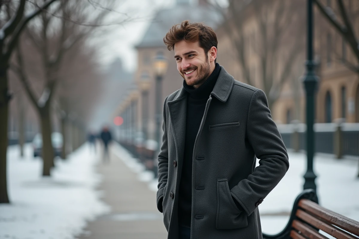 Jeune homme en manteau d hiver dans un parc urbain