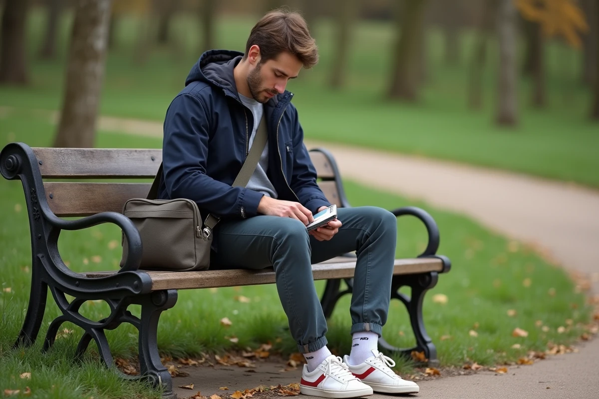 Jeune homme dans un parc organisant son sac pratique