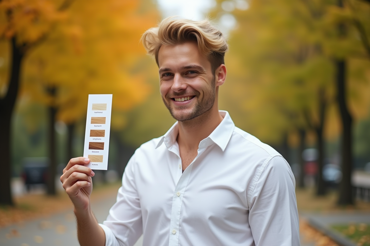 Jeune homme blond comparant des nuances de blond dans un parc urbain