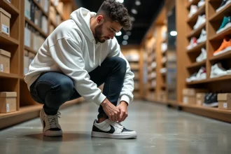 Jeune homme qui lacette des sneakers édition limitée dans une boutique de sneakers urbaine
